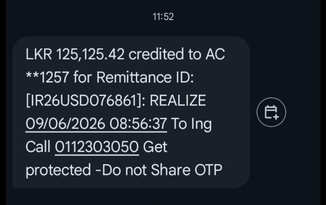 SMS: LKR 315,605.85 credited to AC 1257