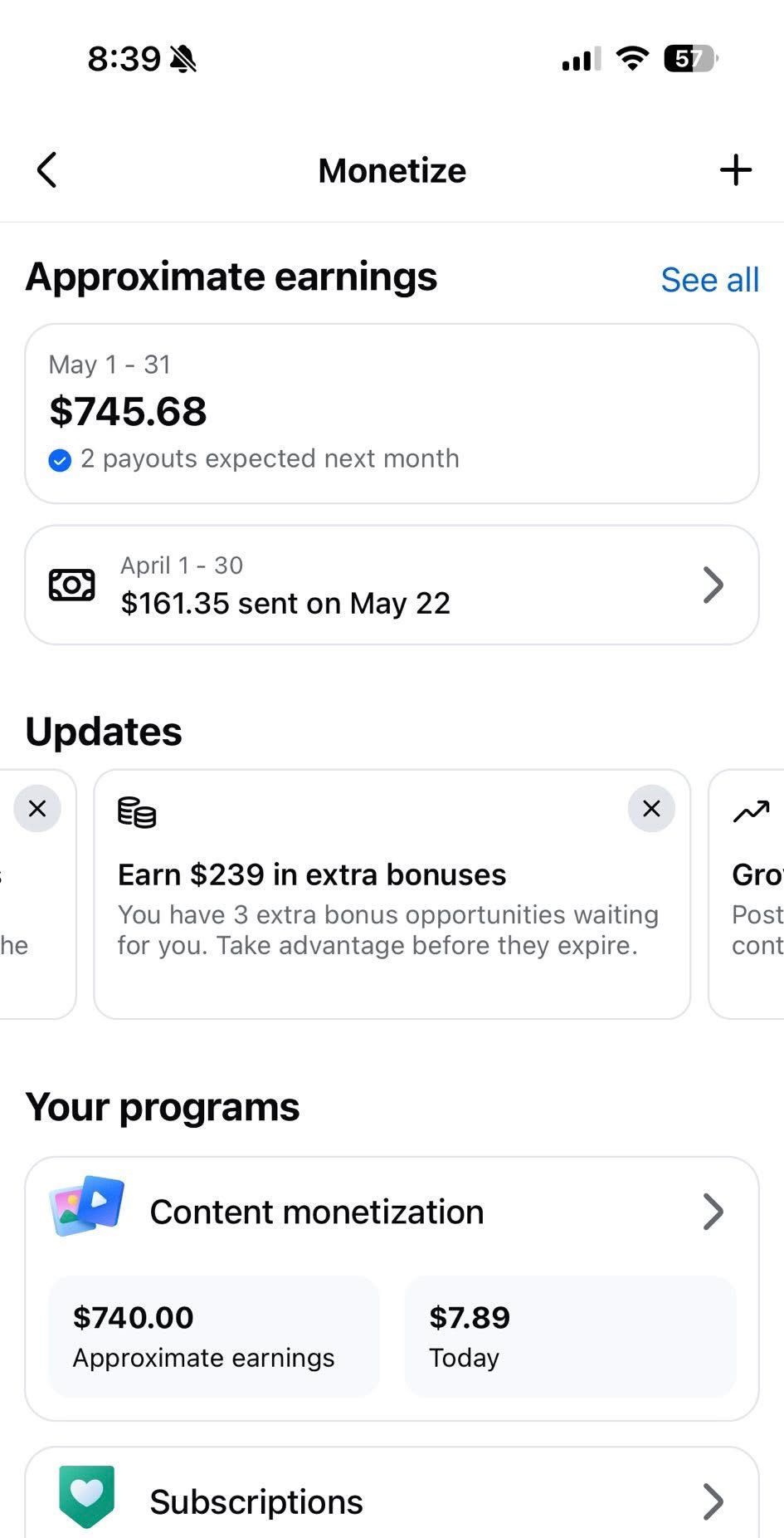 Facebook Monetize dashboard showing $745.68 monthly payout