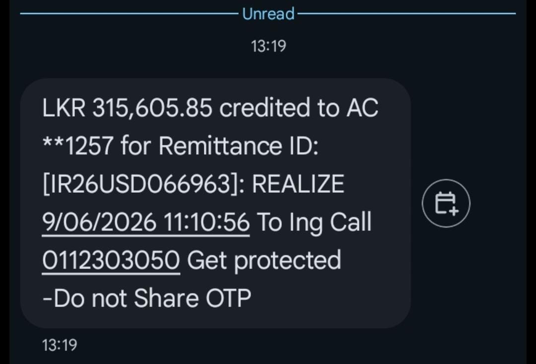 HNB SMS: LKR 313,617.38 credited