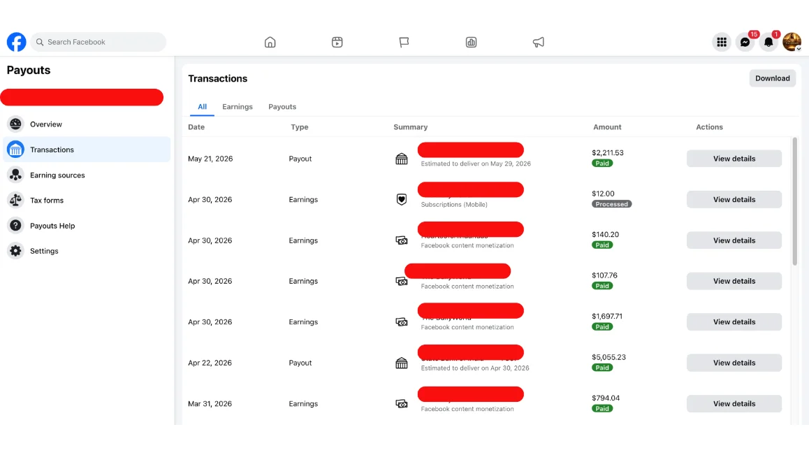Facebook Payouts transactions dashboard showing multiple paid earnings