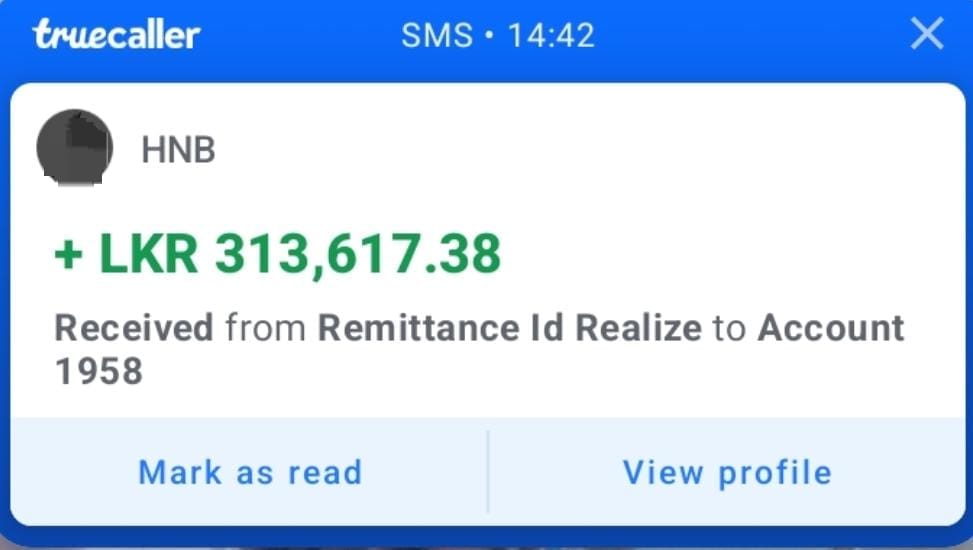 SMS: LKR 125,125.42 credited to AC 1257